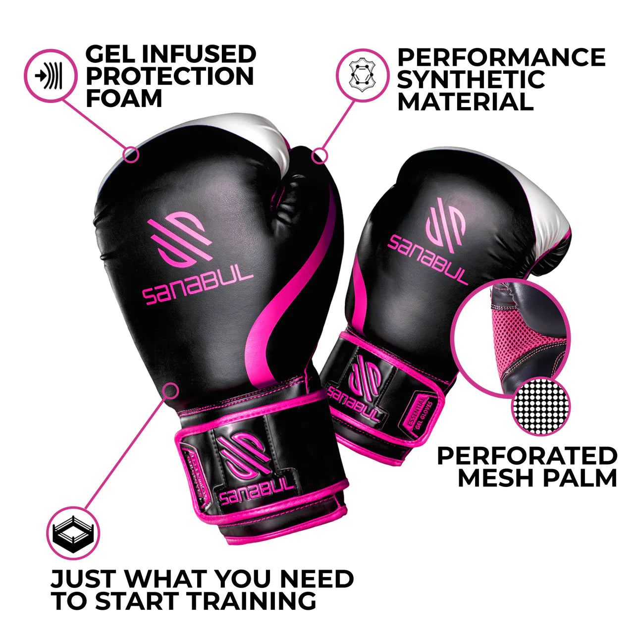 Sanabul Youth Essential Gel Boxing Gloves (Black/Pink)