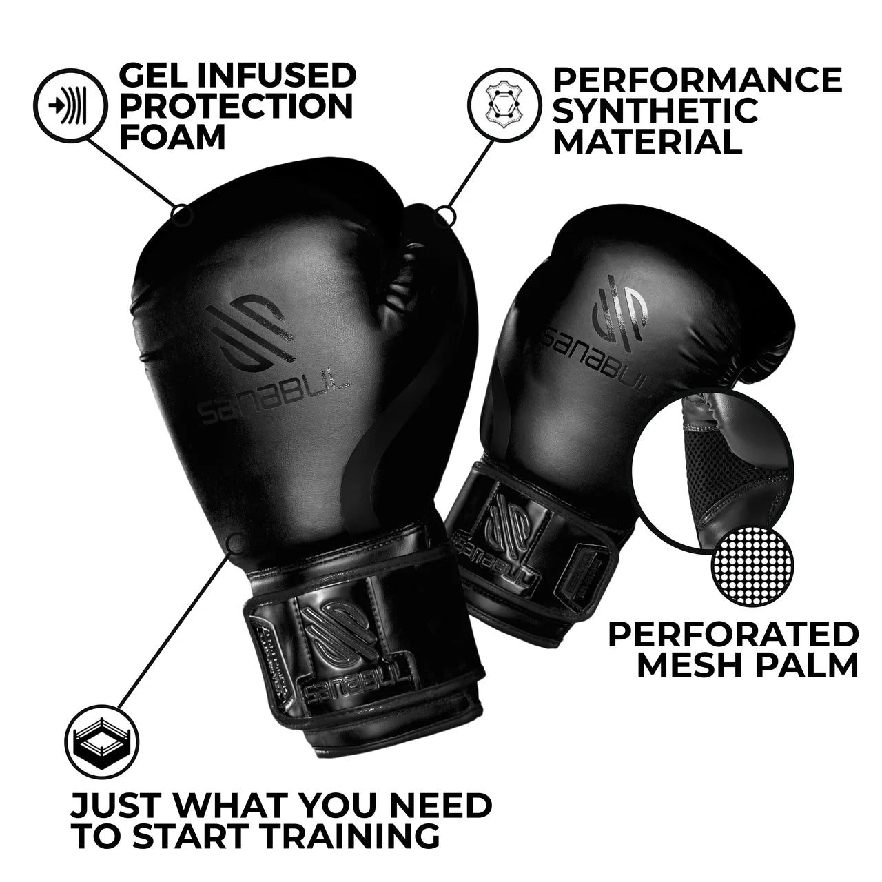 Sanabul Youth Essential Gel Boxing Gloves (All Black)