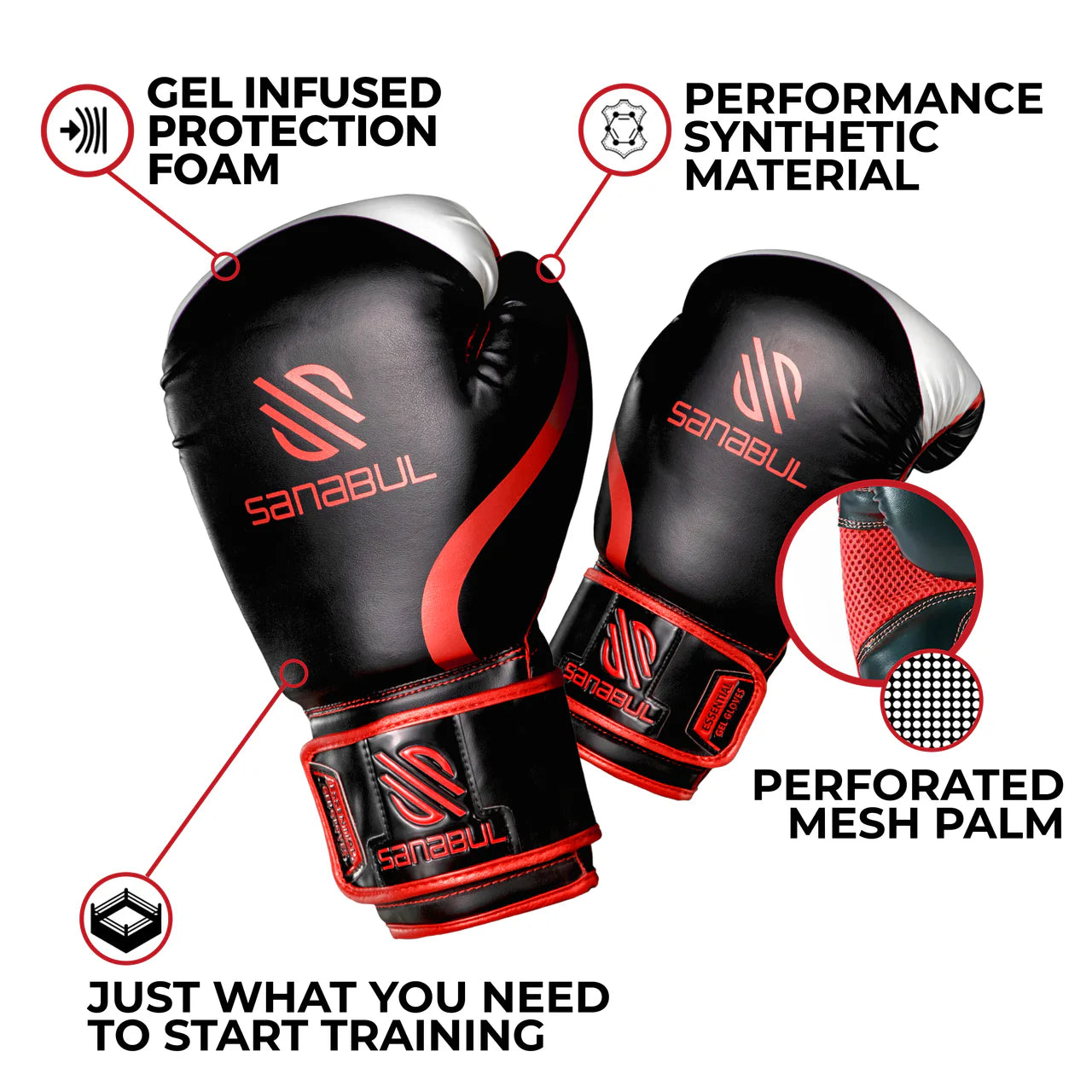 Sanabul Youth Essential Gel Boxing Gloves (Black/Red)